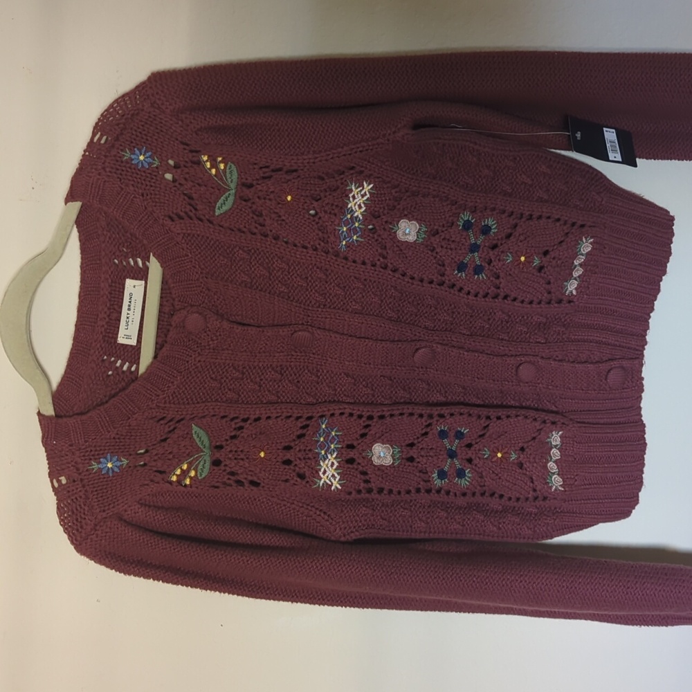 NWT Lucky Brand Mauve Button Front Sweater with Floral Embroidered Detail -SizeM